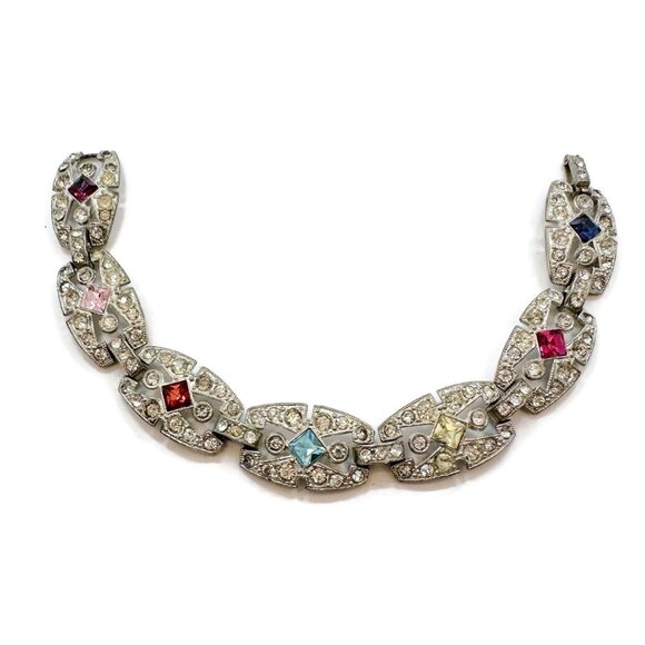 Art Deco Bracelet, Rhinestones, 30s, 40s, Pot Metal, Paste, Linked, Sparkling - Picture 1 of 6